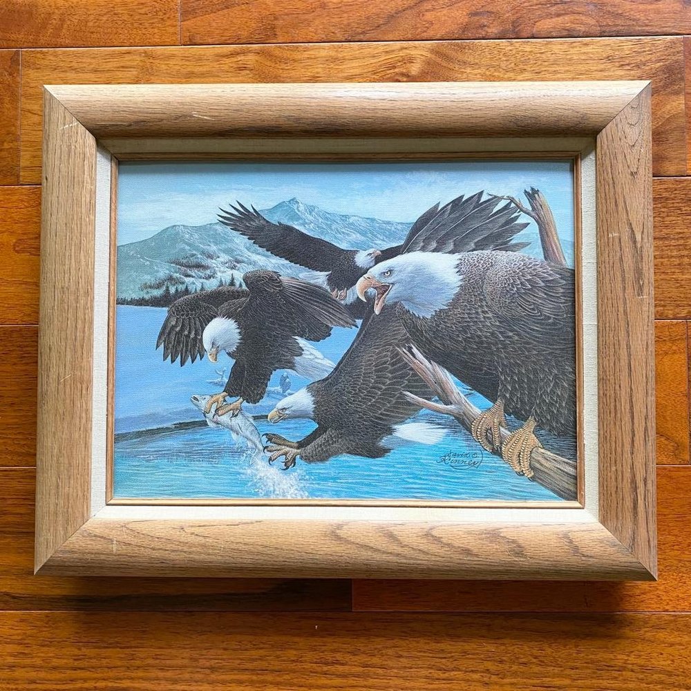 Vintage Signed David E Kinney Eagle Catch Fish Painting On Canvas-Wood Framed
